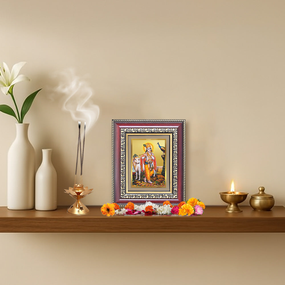 Lord Krishna with Surbhi Cow | Divine Wall & Tabletop Frame in 24K Gold Plated Foil