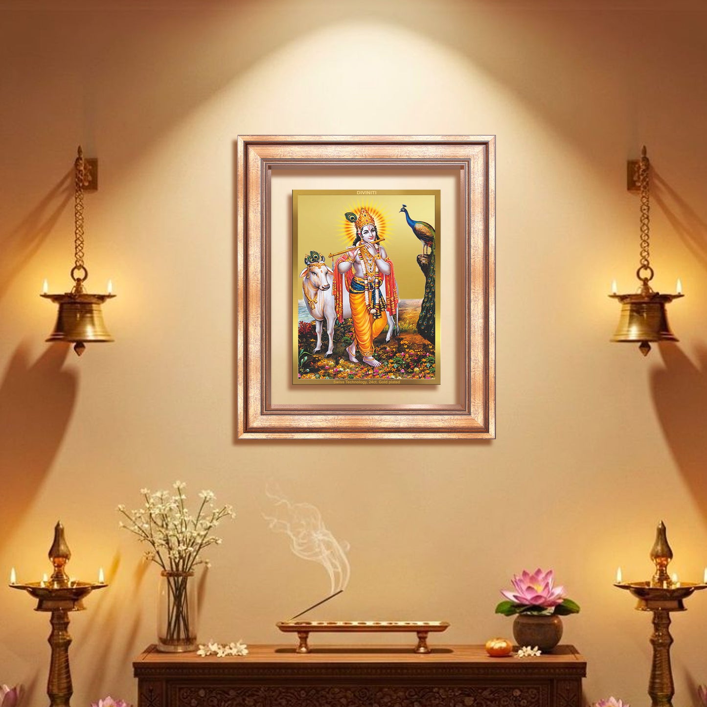 Lord Krishna with Surbhi Cow | Divine Wall Mount Photo Frame in 24K Gold Plated Foil
