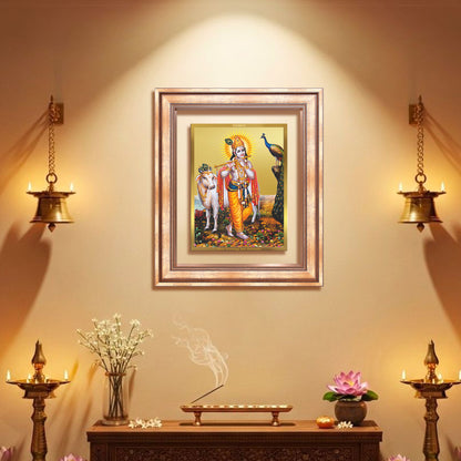 Lord Krishna with Surbhi Cow | Divine Wall Mount Photo Frame in 24K Gold Plated Foil