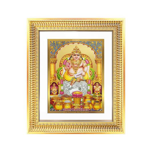 Lord Kuber | God of Wealth Wall & Tabletop Frame in 24K Gold Plated Foil with vibrant details and ornate border.