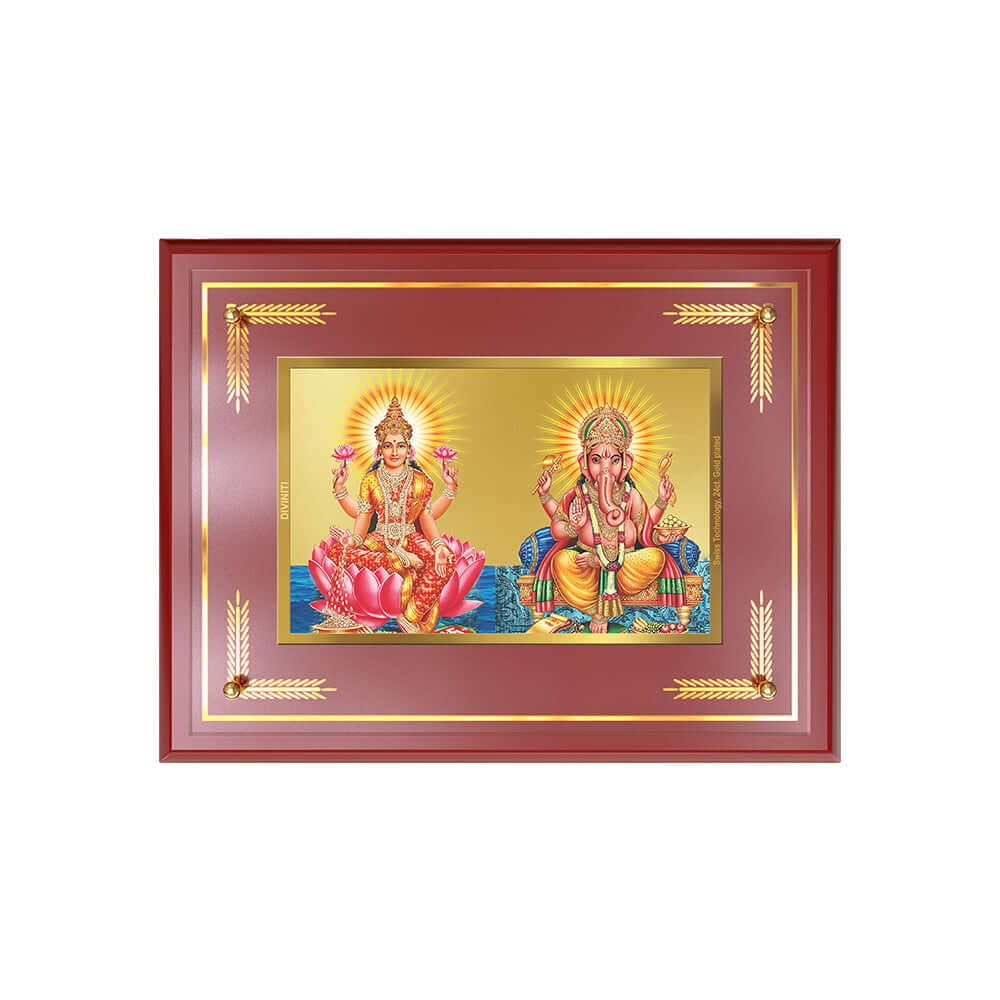 Lakshmi & Ganesh Photo Frame featuring gold-plated artwork of Goddess Lakshmi and Lord Ganesha.