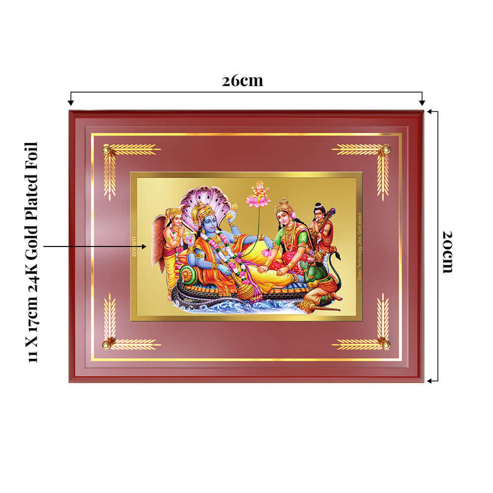Lakshmi Vishnu Kshir Sagar Photo Frame showing product dimensions, ideal for spiritual décor and devotional gifting. 