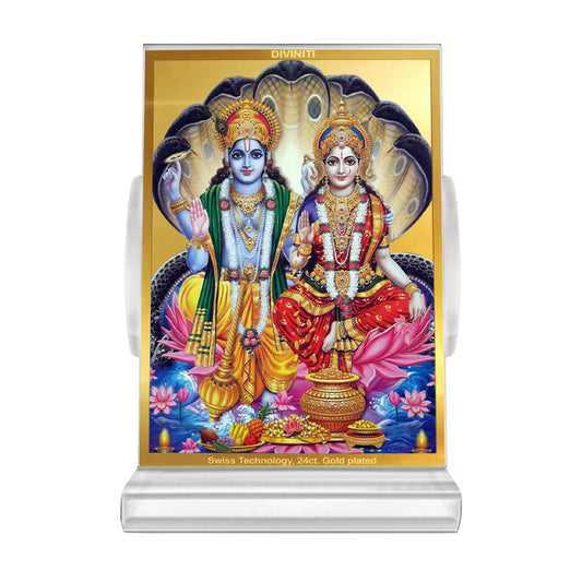 Diviniti 24K Gold Plated Foil Vishnu Lakshmi Ji Frame For Car Dashboard, Home Decor, Tabletop, Puja Room, Gift (11 x 6.8 CM)