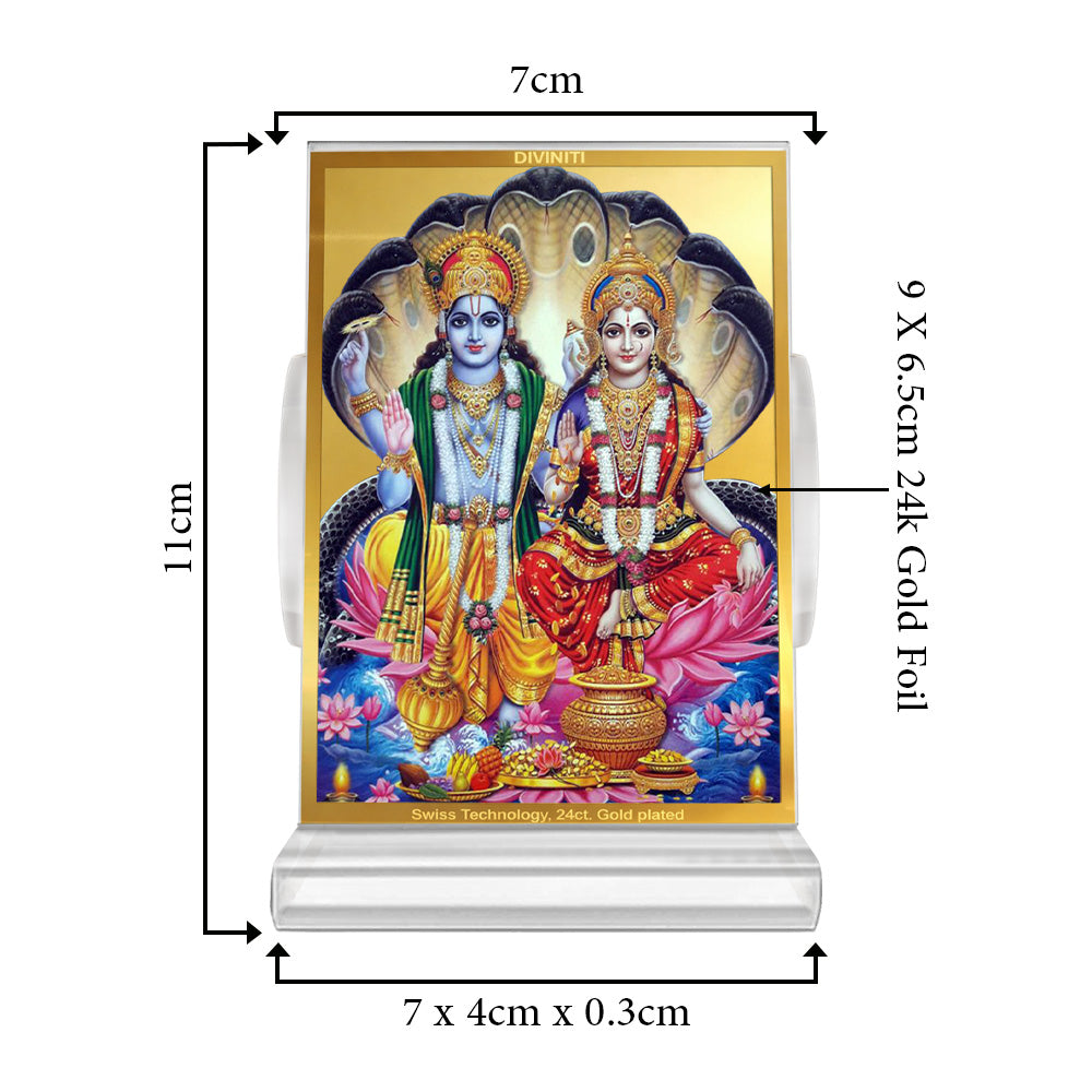 Diviniti 24K Gold Plated Foil Vishnu Lakshmi Ji Frame For Car Dashboard, Home Decor, Tabletop, Puja Room, Gift (11 x 6.8 CM)