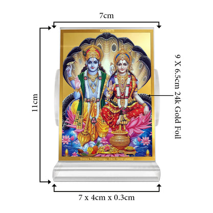 Diviniti 24K Gold Plated Foil Vishnu Lakshmi Ji Frame For Car Dashboard, Home Decor, Tabletop, Puja Room, Gift (11 x 6.8 CM)
