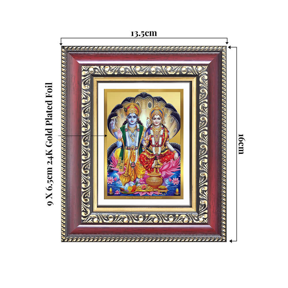 Lord Vishnu with Goddess Lakshmi Devotional Wall & Tabletop Frame for Home & Temple in 24K Gold Plated Foil
