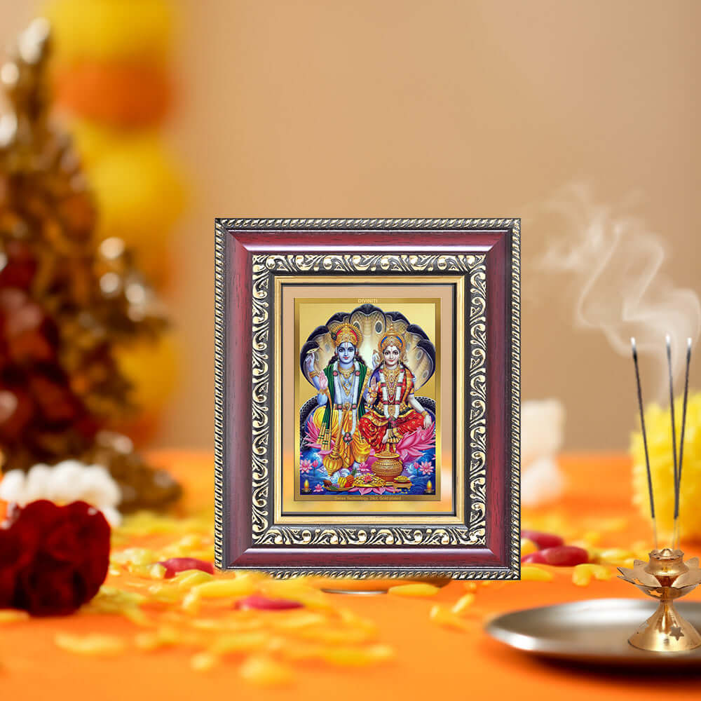 Lord Vishnu with Goddess Lakshmi Devotional Wall & Tabletop Frame for Home & Temple in 24K Gold Plated Foil