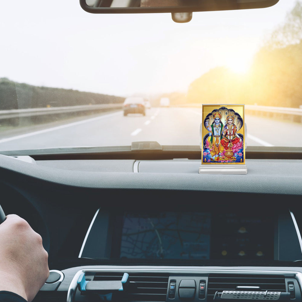 Diviniti 24K Gold Plated Foil Vishnu Lakshmi Ji Frame For Car Dashboard, Home Decor, Tabletop, Puja Room, Gift (11 x 6.8 CM)