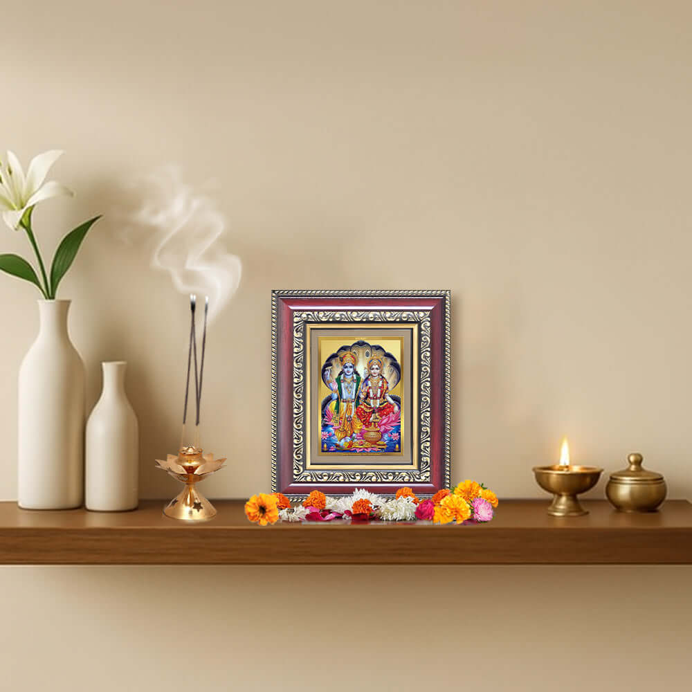 Lord Vishnu with Goddess Lakshmi Devotional Wall & Tabletop Frame for Home & Temple in 24K Gold Plated Foil