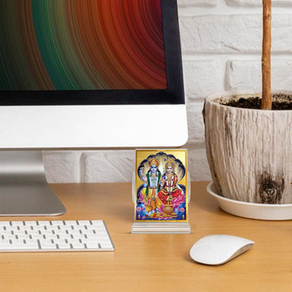 Diviniti 24K Gold Plated Foil Vishnu Lakshmi Ji Frame For Car Dashboard, Home Decor, Tabletop, Puja Room, Gift (11 x 6.8 CM)