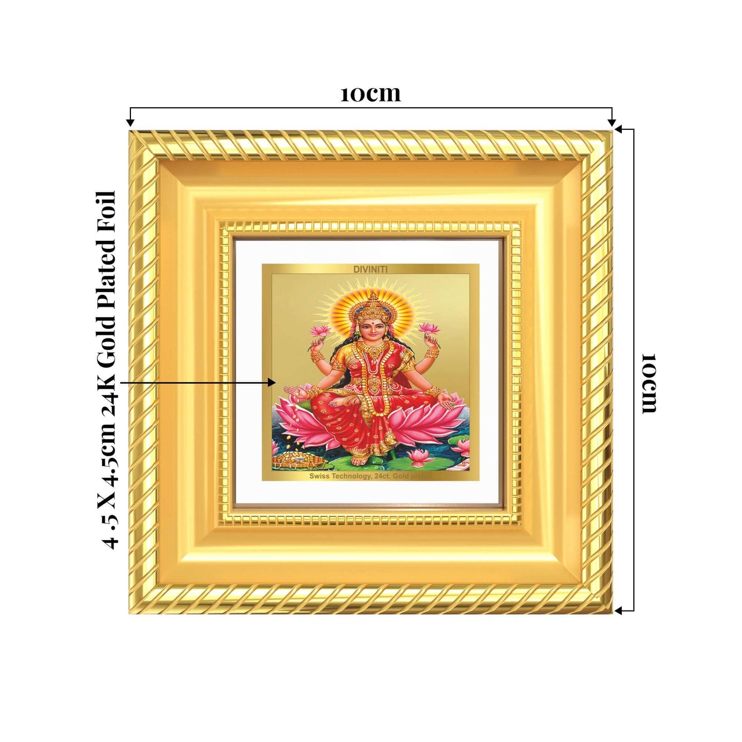 Goddess Lakshmi tabletop frame in 24k gold plated foil showing product dimensions, ideal for spiritual décor and devotional gifting.