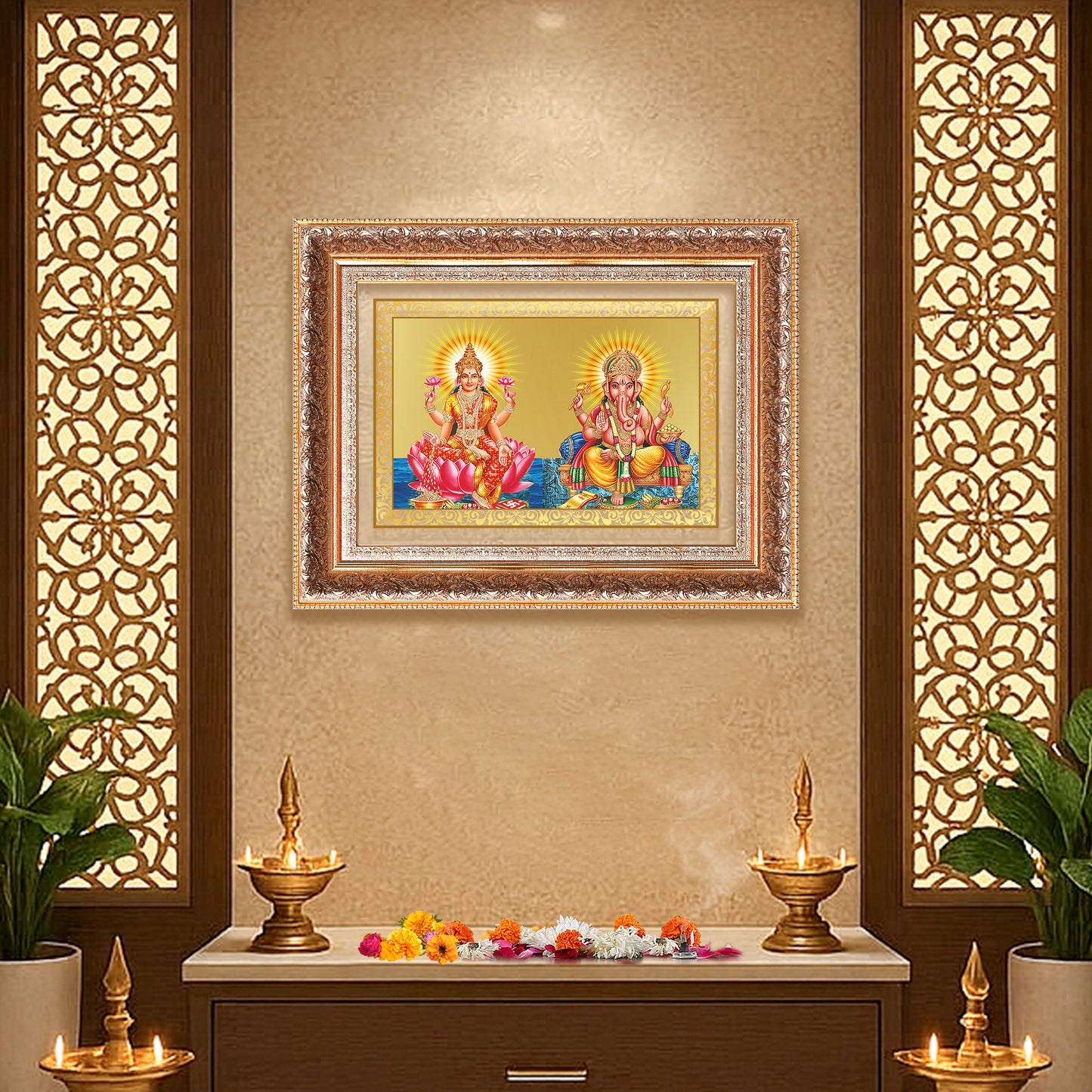 Lakshmi & Ganesh | Divine Prosperity Duo Wall Mount Photo Frame in 24K Gold Plated Foil