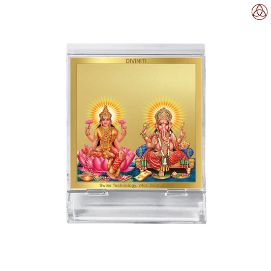 Lakshmi & Ganesha | Divine Goddess Lakshmi and Lord Ganesha Car Dashboard & Tabletop Photo Frame in 24K Gold Plated Foil