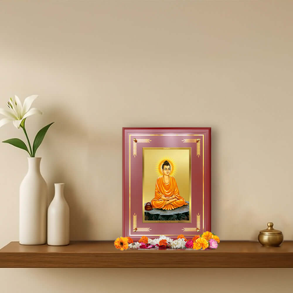 Lord Buddha Photo Frame displayed on a wall shelf