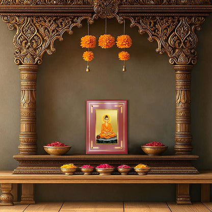 Lord Buddha Photo Frame displayed beautifully designed wall and tabletop photo frame, adorned with vibrant marigold flowers.