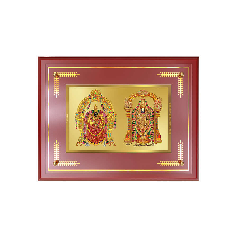 Lord Venkateswara Tirupati Balaji & Goddess Padmavati photo frame in 24K gold-plated foil, depicting divine couple.