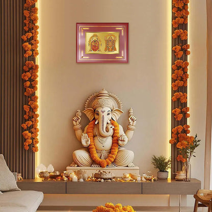 Lord Venkateswara Tirupati Balaji & Goddess Padmavati wall frame with Ganesh idol and floral decorations in a serene setting.