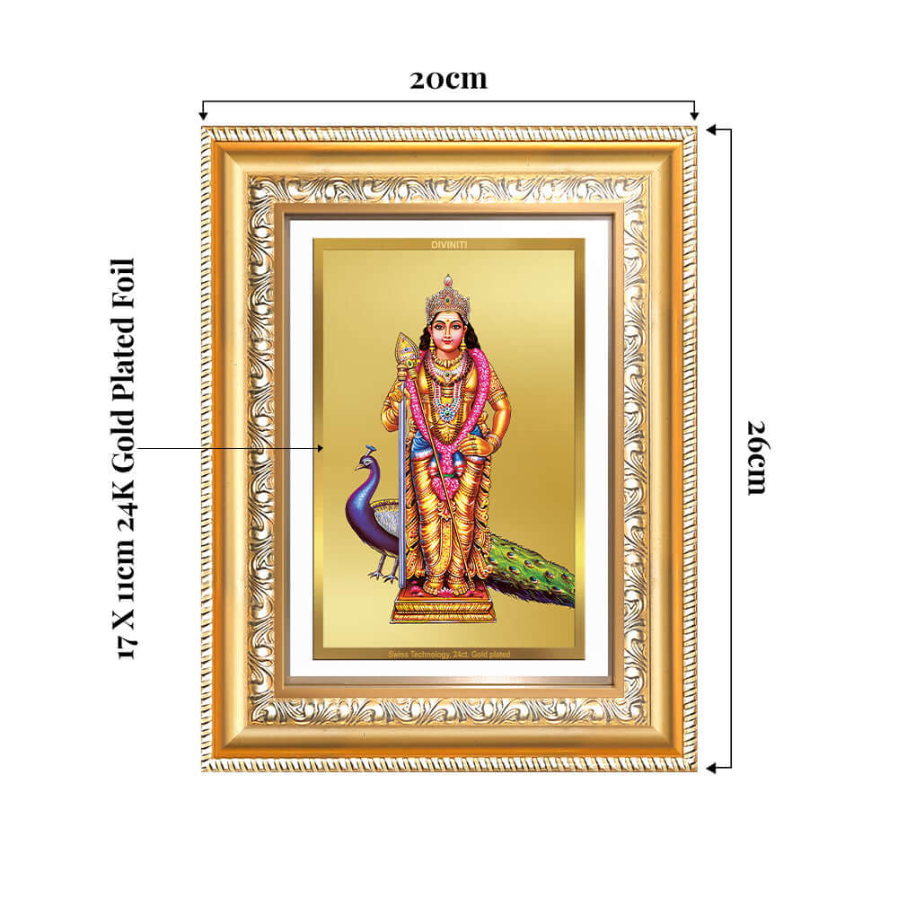 Lord Murugan | Divine Warrior God Wall and Tabletop Mount Photo Frame in 24K Gold Plated Foil