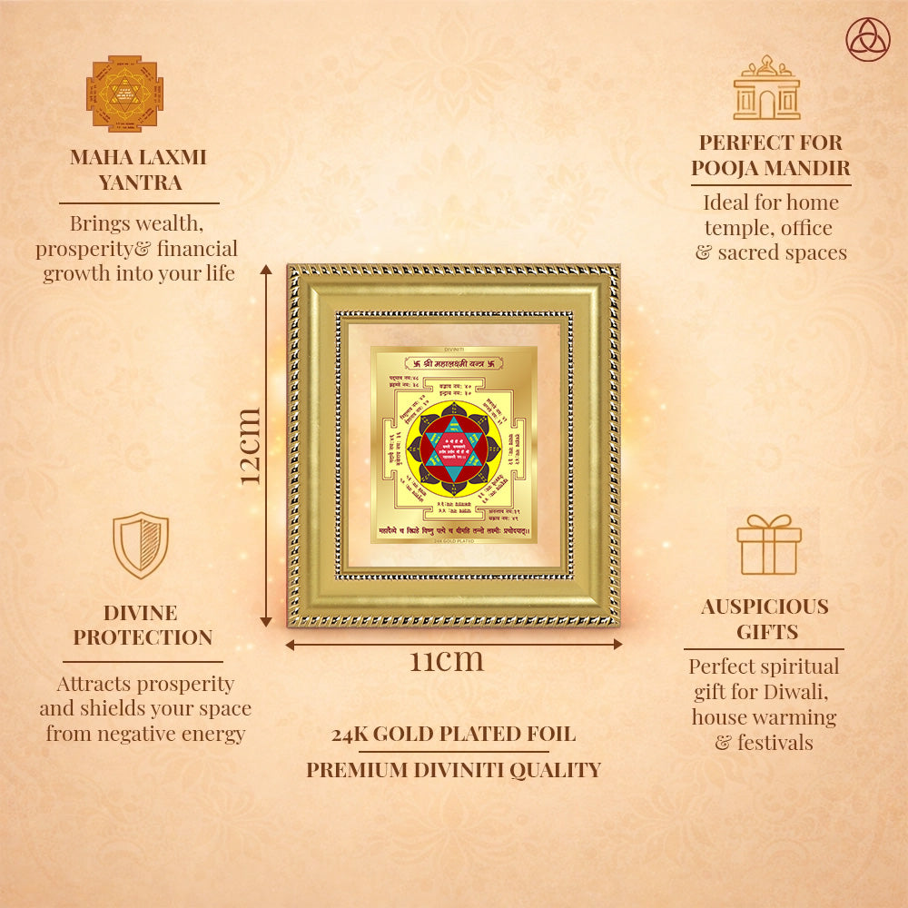 Maha Laxmi Yantra framed in 24K gold plated foil, symbolizing balance of planetary energies and harmony.