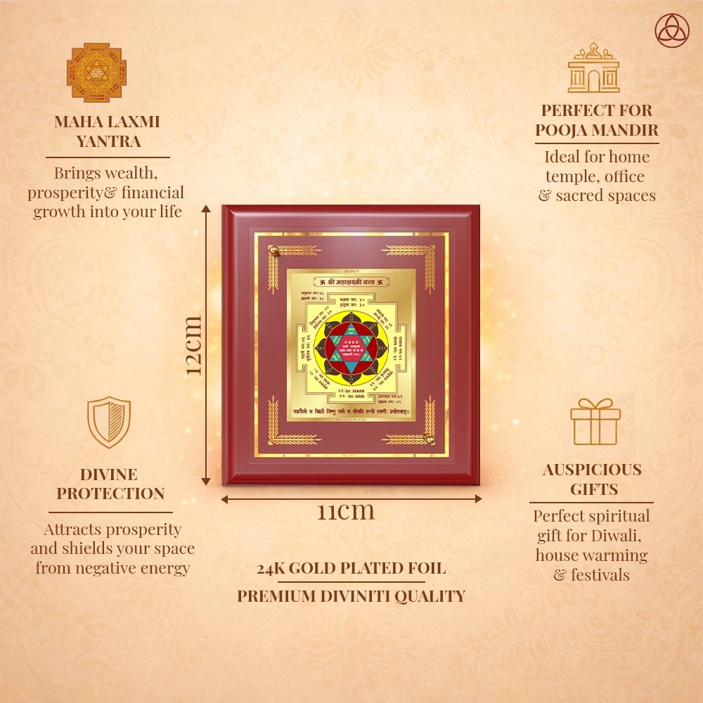 Maha Laxmi Yantra framed in 24K gold plated foil, symbolizing balance of planetary energies and harmony.