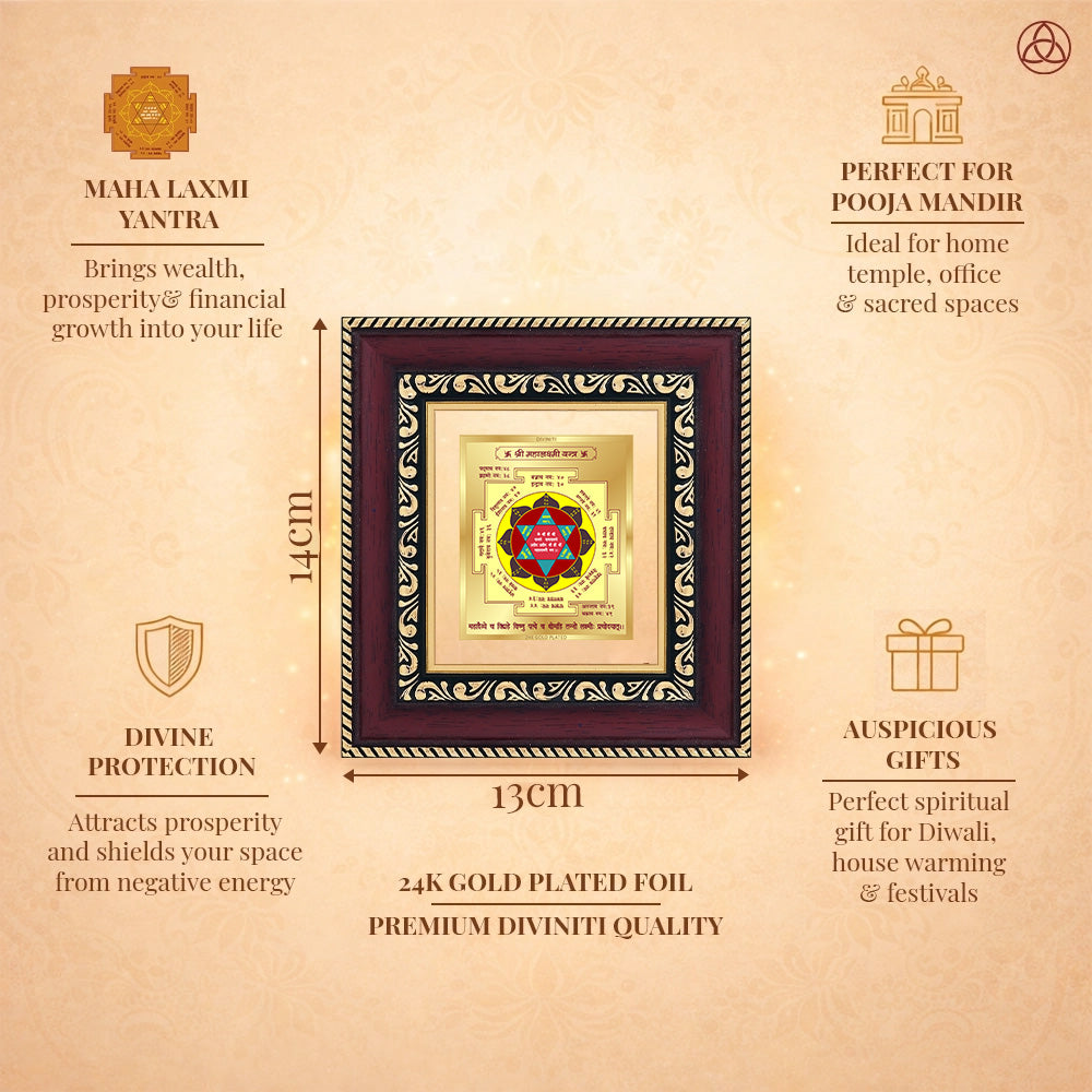 Maha Laxmi Yantra framed in 24K gold plated foil, symbolizing balance of planetary energies and harmony.
