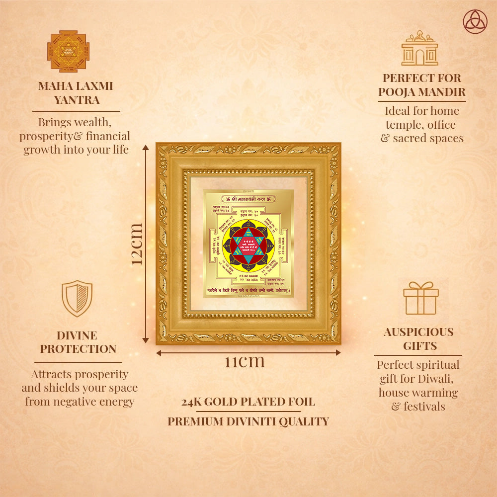 Maha Laxmi Yantra framed in 24K gold plated foil, symbolizing balance of planetary energies and harmony.