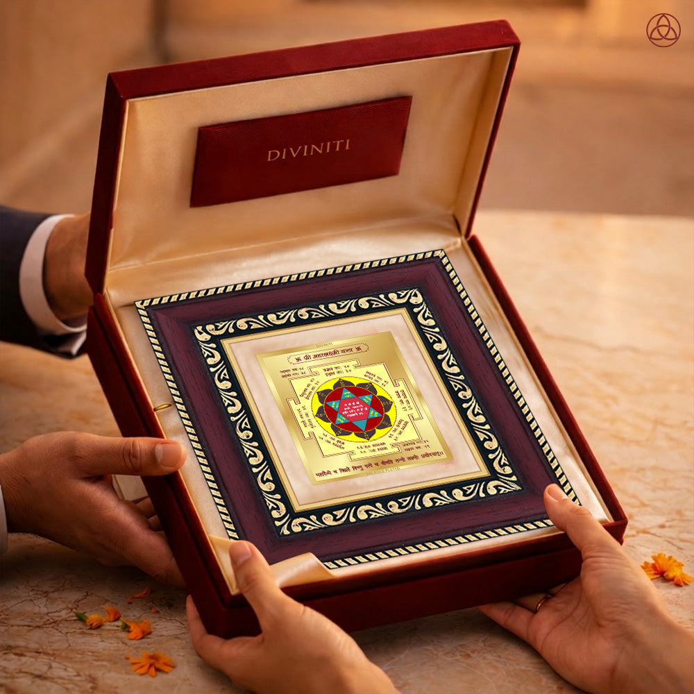 Maha Laxmi Yantra presented in an elegant box, showcasing sacred planetary symbols, perfect for harmony and prosperity.