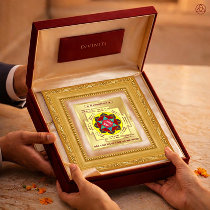 Maha Laxmi Yantra presented in an elegant box, showcasing sacred planetary symbols, perfect for harmony and prosperity.