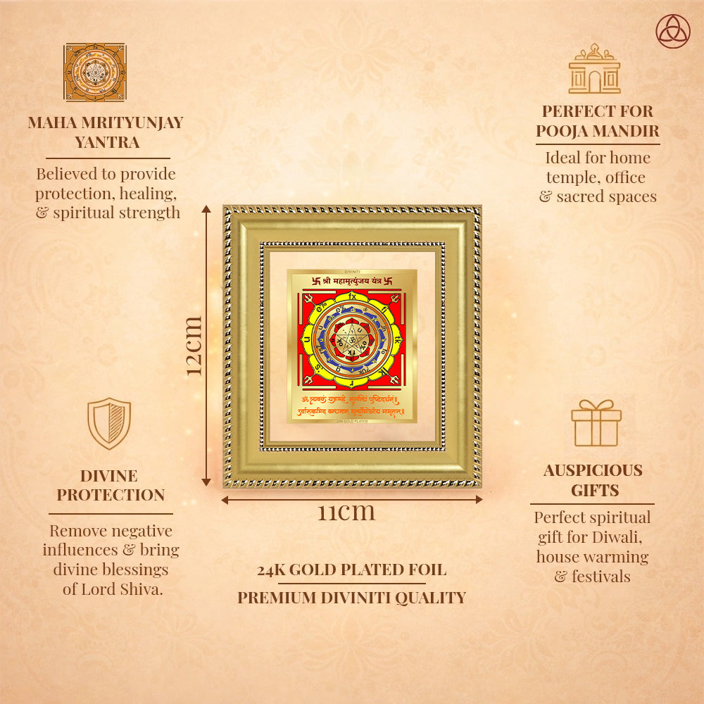 Maha Mrityunjay Yantra framed in 24K gold plated foil, symbolizing balance of planetary energies and harmony.