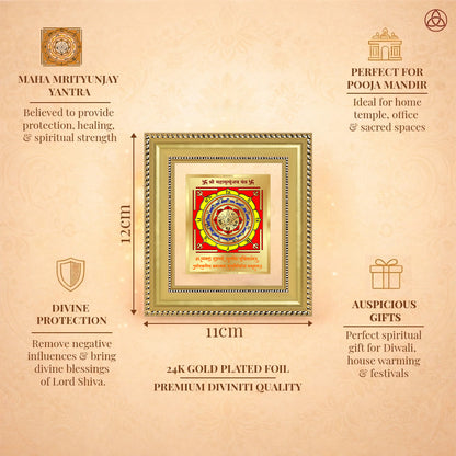 Maha Mrityunjay Yantra framed in 24K gold plated foil, symbolizing balance of planetary energies and harmony.