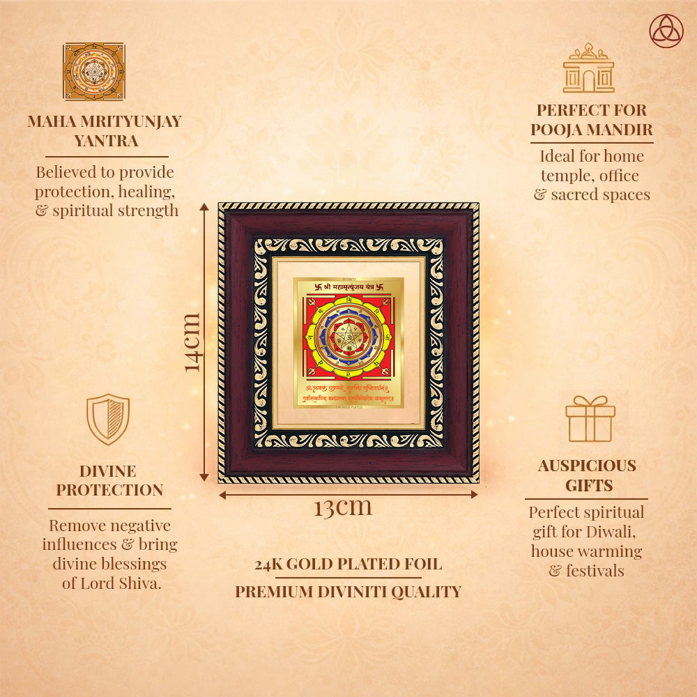 Maha Mrityunjay Yantra artwork featuring 24K gold plated foil, ideal for spiritual protection and healing.