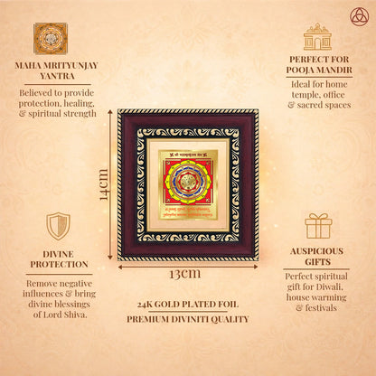 Maha Mrityunjay Yantra artwork featuring 24K gold plated foil, ideal for spiritual protection and healing.