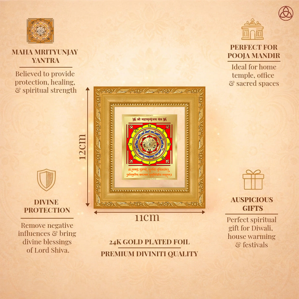 Maha Mrityunjay Yantra framed in 24K gold plated foil, symbolizing balance of planetary energies and harmony.