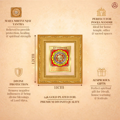 Maha Mrityunjay Yantra framed in 24K gold plated foil, symbolizing balance of planetary energies and harmony.
