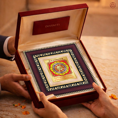 Maha Mrityunjay Yantra presented in a luxurious box, symbolizing divine protection and healing energy.