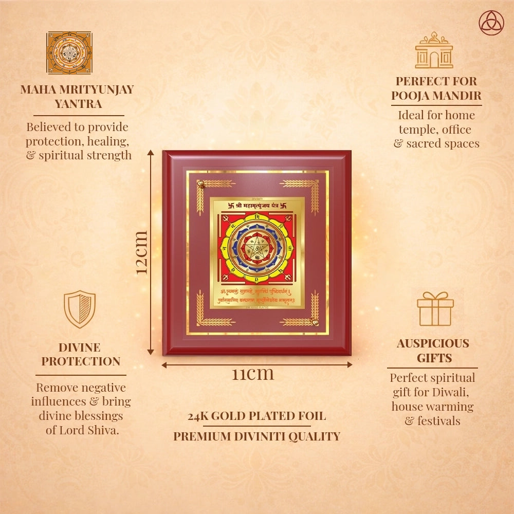 Maha Mrityunjay Yantra framed in 24K gold plated foil, symbolizing balance of planetary energies and harmony.