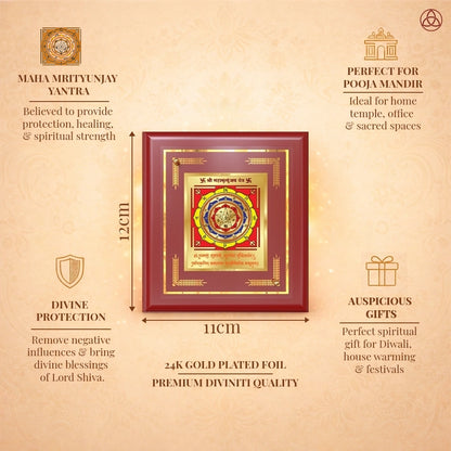 Maha Mrityunjay Yantra framed in 24K gold plated foil, symbolizing balance of planetary energies and harmony.