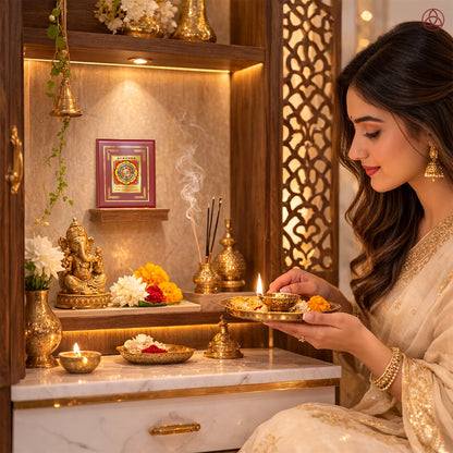 Woman performing a prayer ritual with Maha Mrityunjay Yantra in a sacred home altar setting, featuring gold decor and traditional offerings.