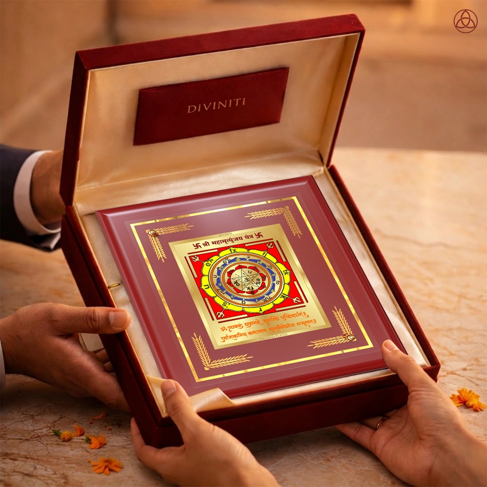 Maha Mrityunjay Yantra presented in an elegant box, showcasing sacred planetary symbols, perfect for harmony and prosperity.