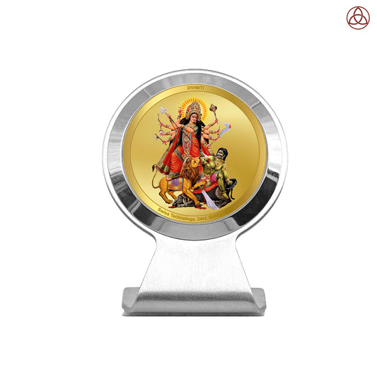 Durga Mahishasura | Divine Goddess Durga Slaying Mahishasura Car Dashboard & Tabletop Photo Frame in 24K Gold Plated Foil