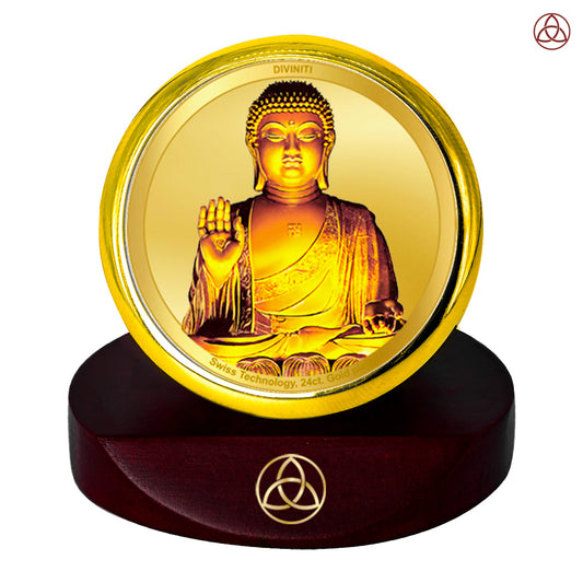 Diviniti 24K Gold Plated Buddha Photo Frame for Car Dashboard, Home Decor, Table Top, Puja Room Worship and Festival Gift MCF1CGOLD (5.5x5 CM)