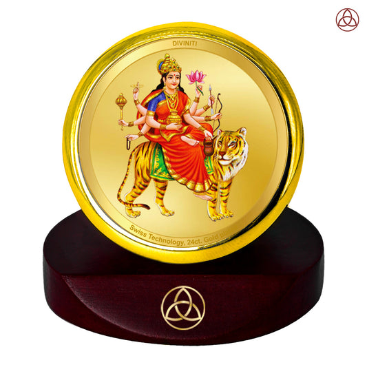 Diviniti 24K Gold Plated Chandraghanta Mata Photo Frame for Car Dashboard, Home Decor, Table Top, Puja Room Worship and Festival Gift MCF1CGOLD (5.5x5 CM)