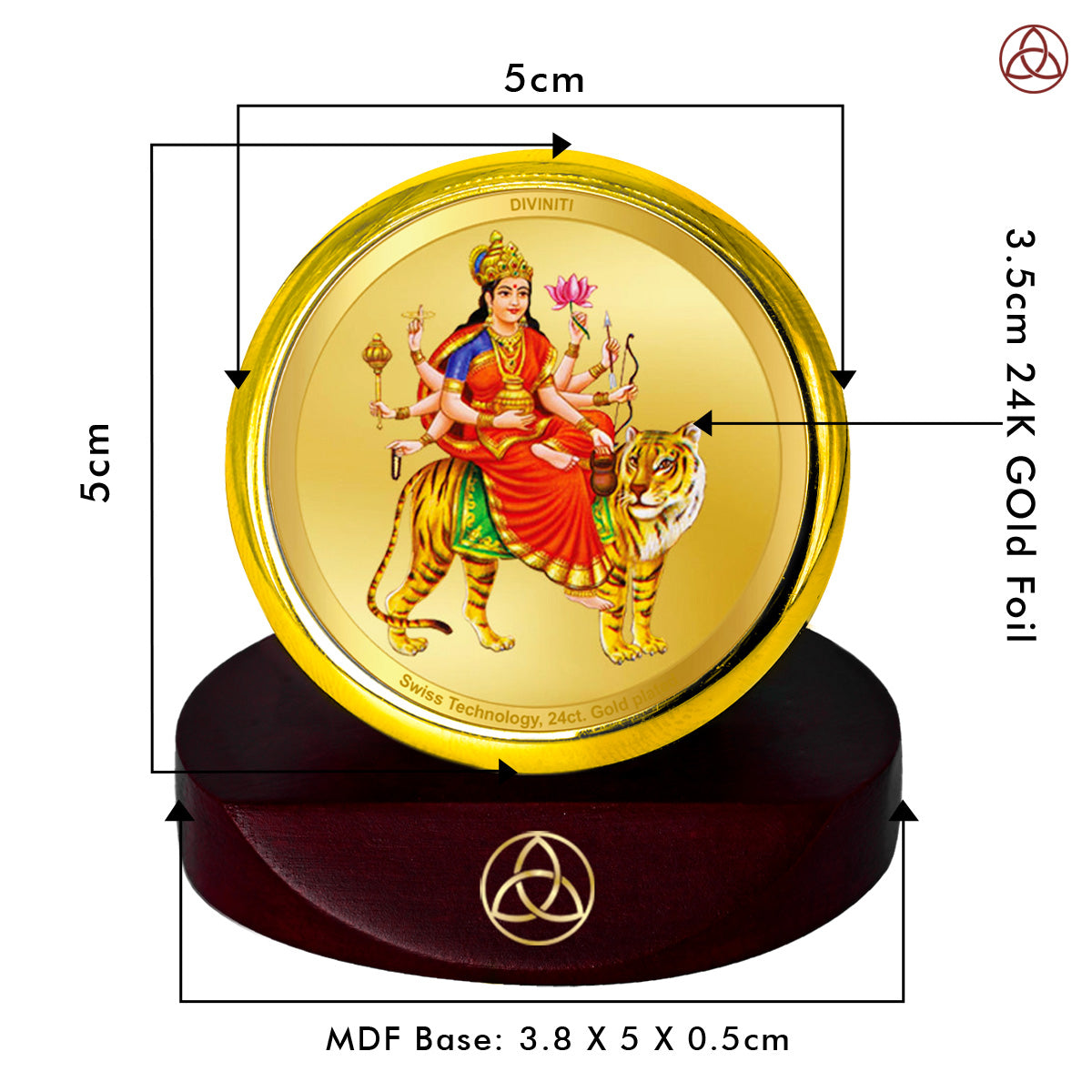 Diviniti 24K Gold Plated Chandraghanta Mata Photo Frame for Car Dashboard, Home Decor, Table Top, Puja Room Worship and Festival Gift MCF1CGOLD (5.5x5 CM)