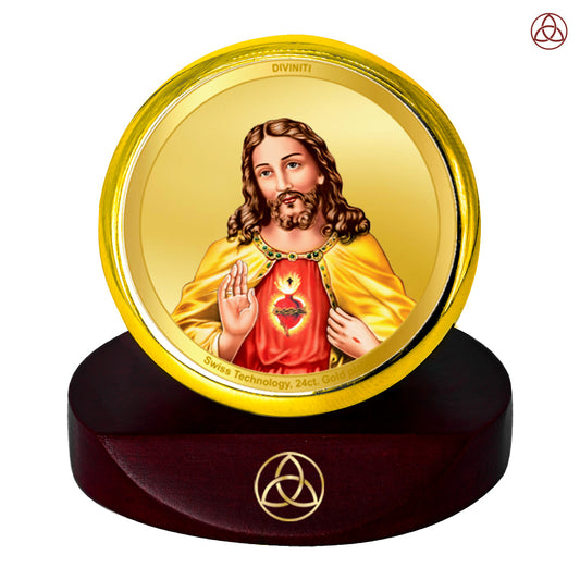 Diviniti 24K Gold Plated Jesus Photo Frame for Car Dashboard, Home Decor, Table Top, Puja Room Worship and Festival Gift MCF1CGOLD (5.5x5 CM)