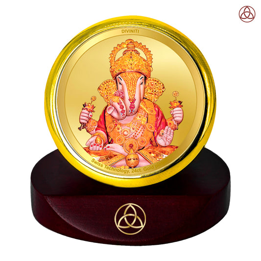 Diviniti 24K Gold Plated Foil Dagdu Ganesha Photo Frame for Car Dashboard, Home Decor, Table Top, Puja Room Worship and Festival Gift MCF1CGOLD (5.5x5 CM)