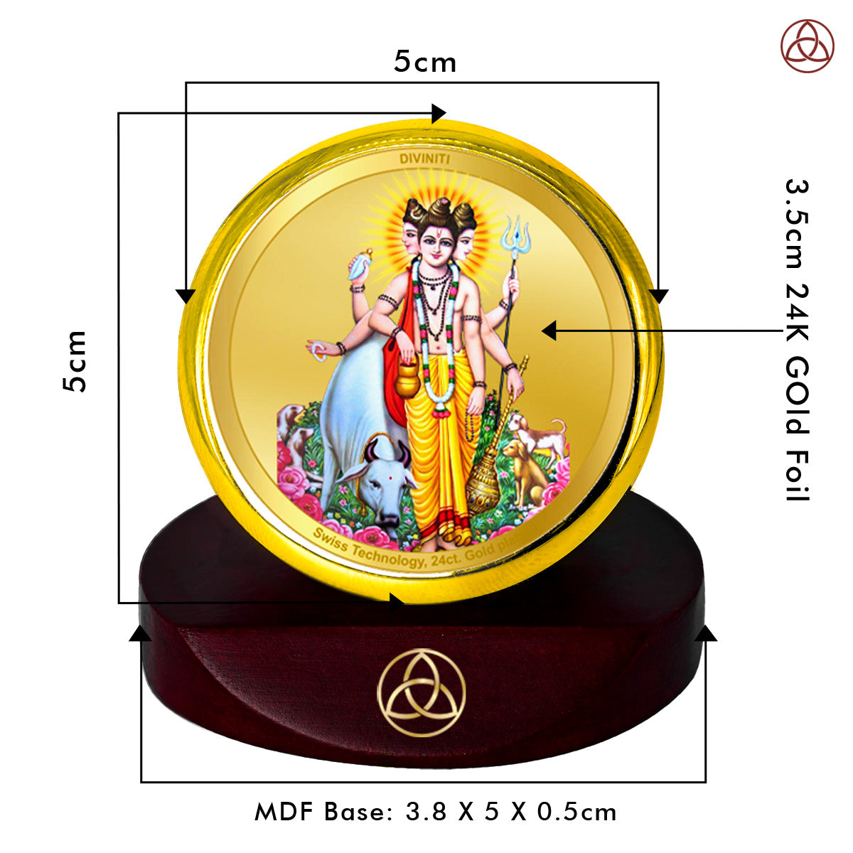 Diviniti 24K Gold Plated Foil Dattatreya Photo Frame for Car Dashboard, Home Decor, Table Top, Puja Room Worship and Festival Gift MCF1CGOLD (5.5x5 CM)