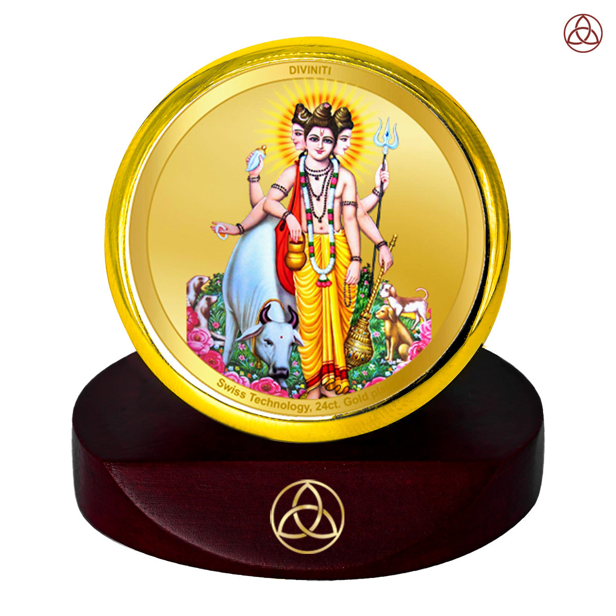 Diviniti 24K Gold Plated Foil Dattatreya Photo Frame for Car Dashboard, Home Decor, Table Top, Puja Room Worship and Festival Gift MCF1CGOLD (5.5x5 CM)