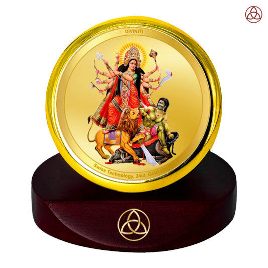 Diviniti 24K Gold Plated Durga Photo Frame for Car Dashboard, Home Decor, Table Top, Puja Room Worship and Festival Gift MCF1CGOLD (5.5x5 CM)