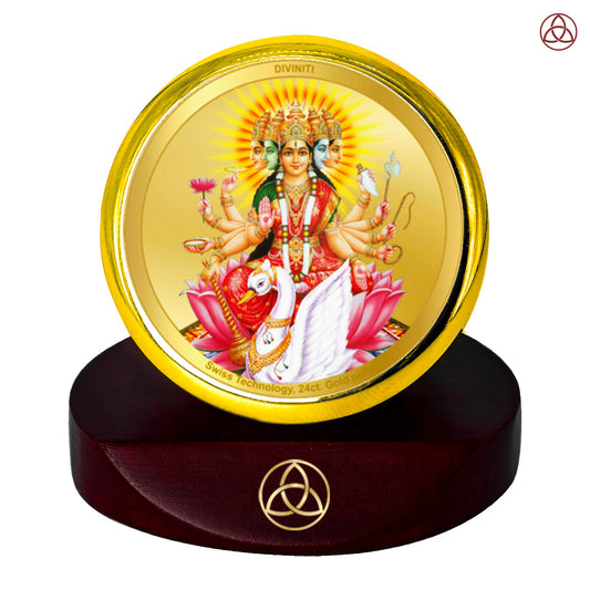 Diviniti 24K Gold Plated Gayatri Mata Photo Frame for Car Dashboard, Home Decor, Table Top, Puja Room Worship and Festival Gift MCF1CGOLD (5.5x5 CM)