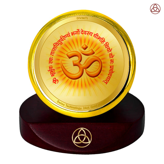 Diviniti 24K Gold Plated Om Gayatri Mantra Photo Frame for Car Dashboard, Home Decor, Table Top, Puja Room Worship and Festival Gift MCF1CGOLD (5.5x5 CM)
